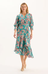 Tyler Boe Jules Silk Teal Paisley Wrap Dress