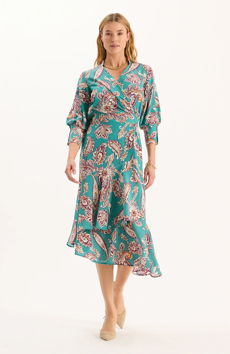Tyler Boe Jules Silk Teal Paisley Wrap Dress