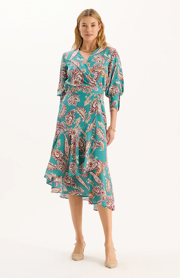 Tyler Boe Jules Silk Teal Paisley Wrap Dress