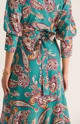 Tyler Boe Jules Silk Teal Paisley Wrap Dress