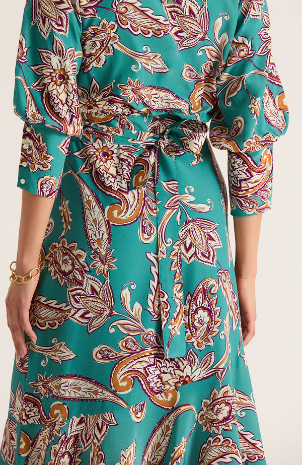 Tyler Boe Jules Silk Teal Paisley Wrap Dress