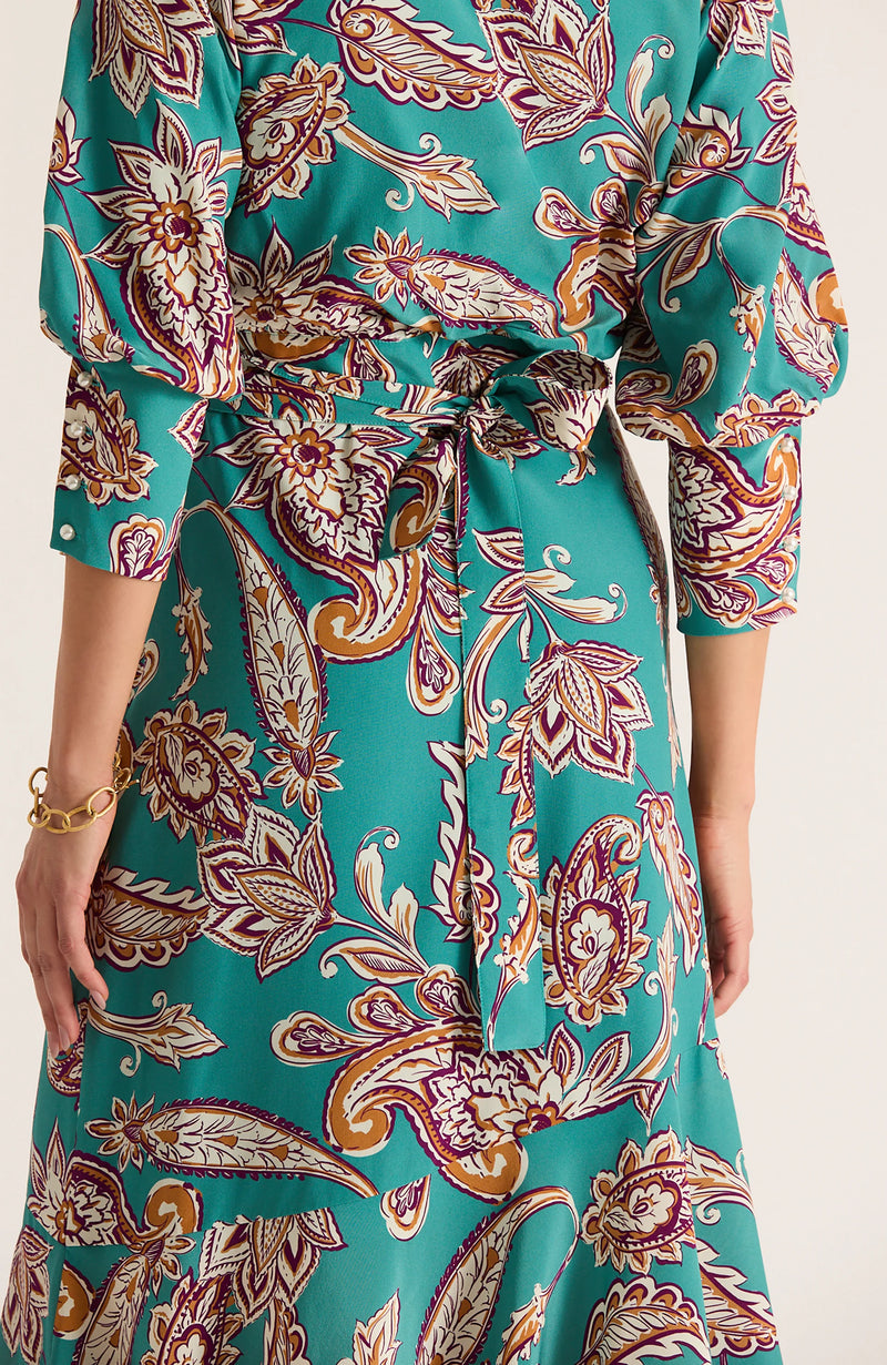 Tyler Boe Jules Silk Teal Paisley Wrap Dress