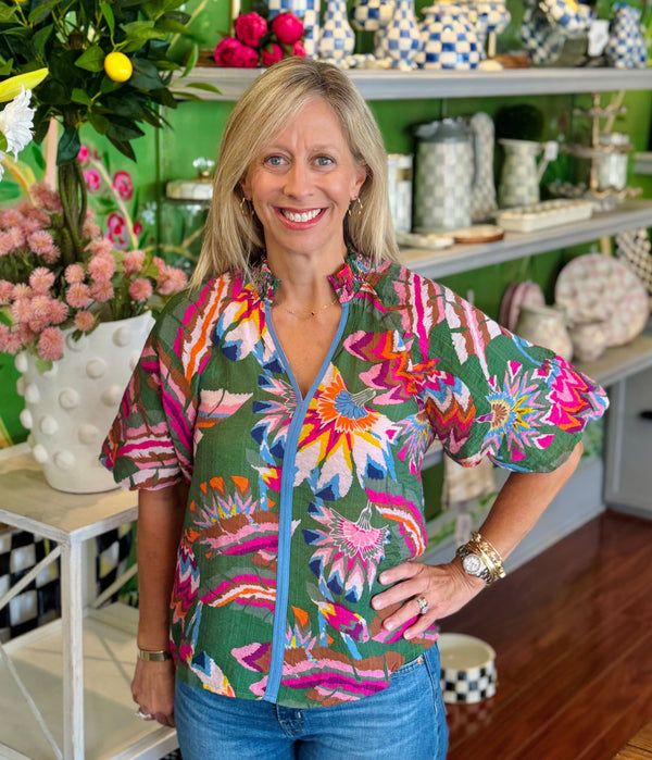 Puff Sleeve Print V Neck Top