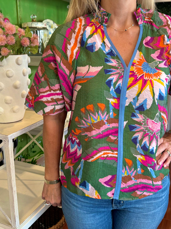 Puff Sleeve Print V Neck Top