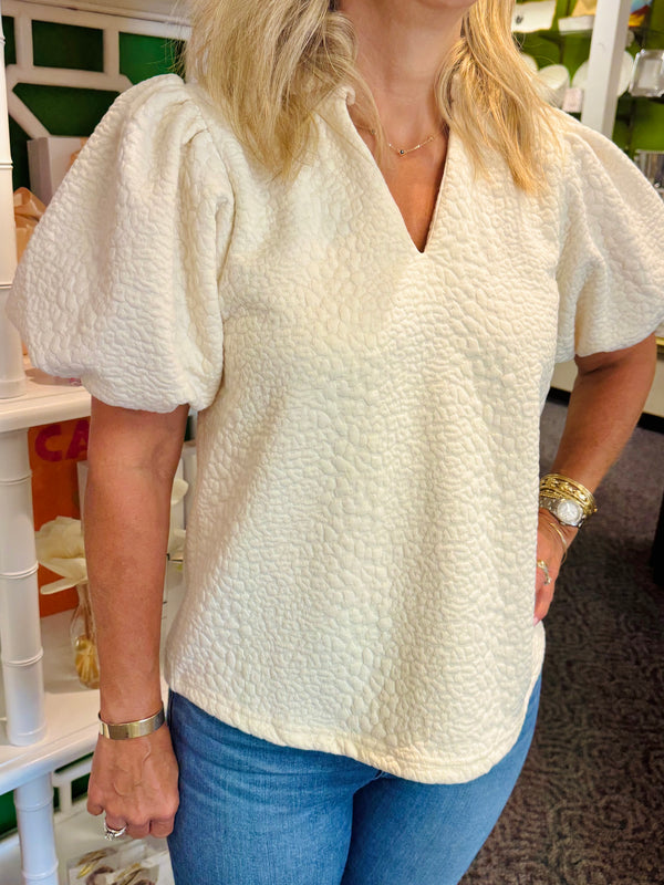 Cream Textured Puff Sleeve Top