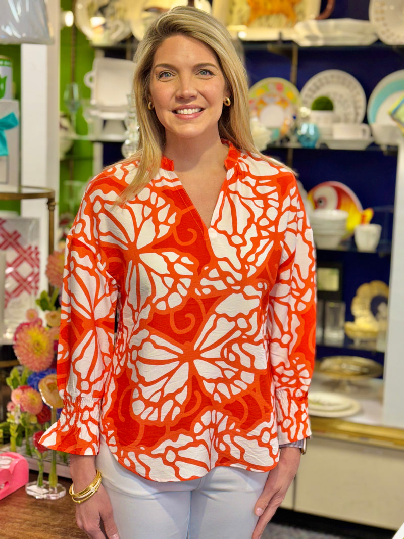 Orange and White Print Top