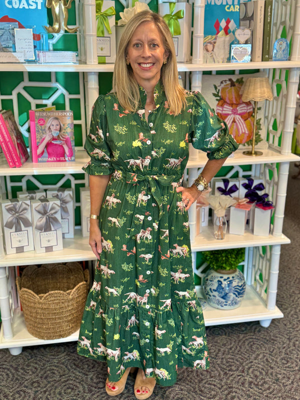 Holly Shae Catherine Dress in Dogs on the Hunt in Green