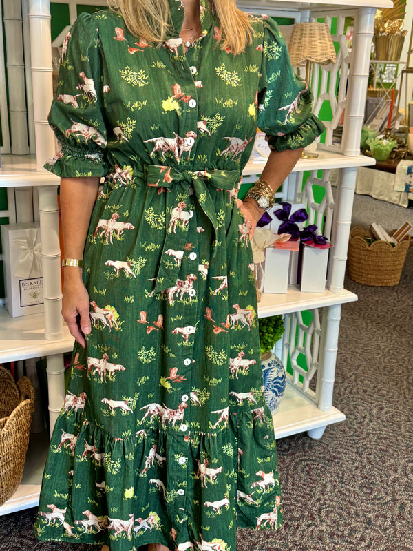 Holly Shae Catherine Dress in Dogs on the Hunt in Green