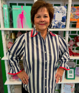 Vilagallo Navy and White Striped Collared Blouse