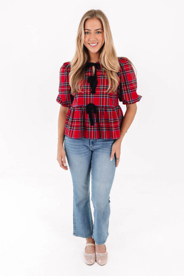 Hollin Tie Top in Holiday Plaid