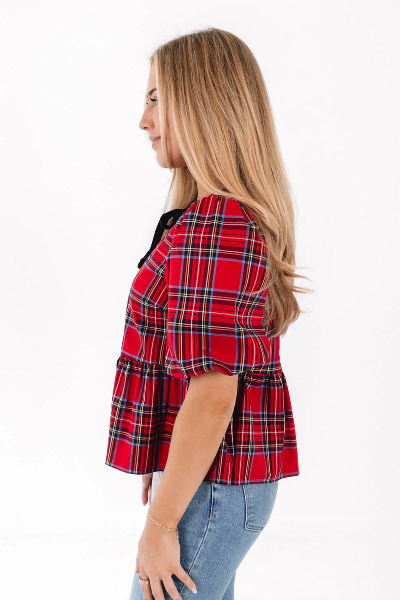 Hollin Tie Top in Holiday Plaid