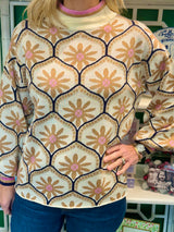 Cream Mock Neck Sweater with Floral Motif