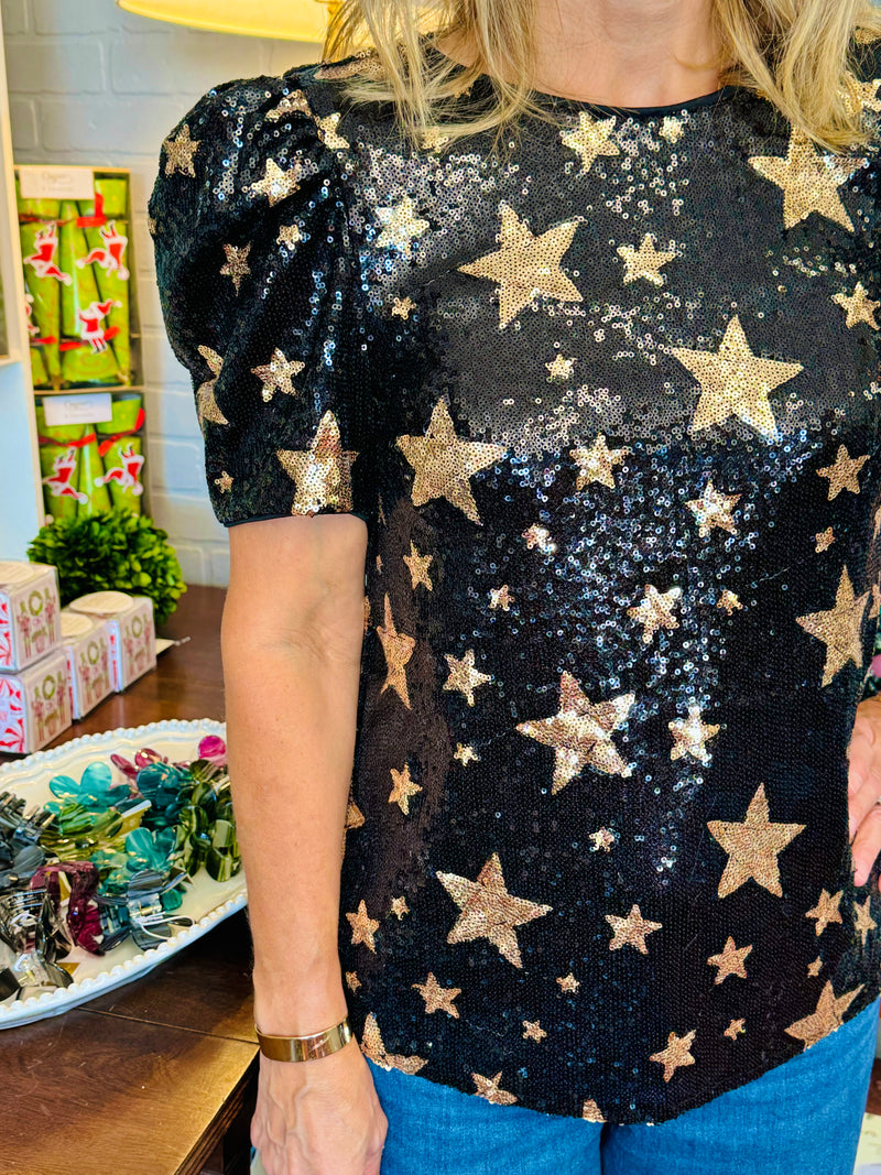 Black Sequin Gold Star Top