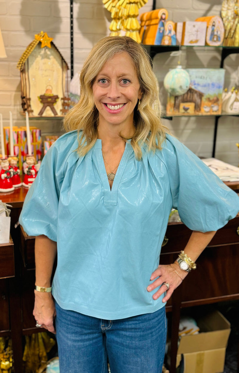 Light Blue Puff Sleeve Leather Top