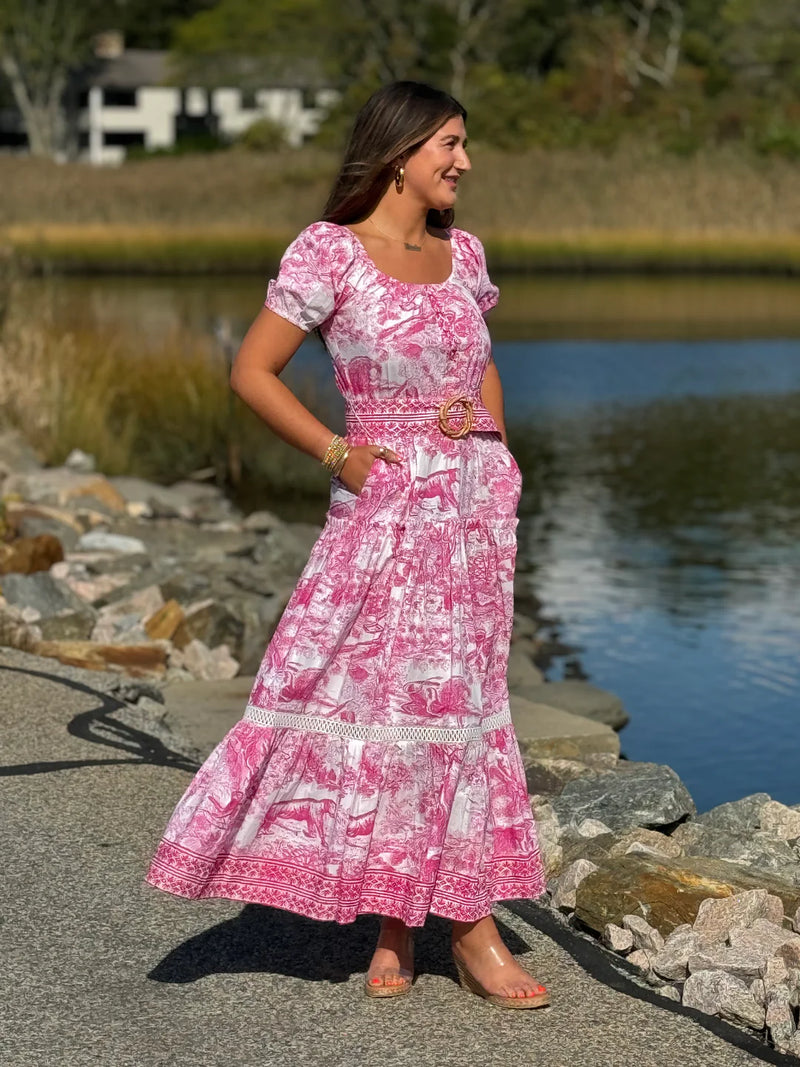 Naomi Midi Dress with Belt Toile Print White + Hot Pink
