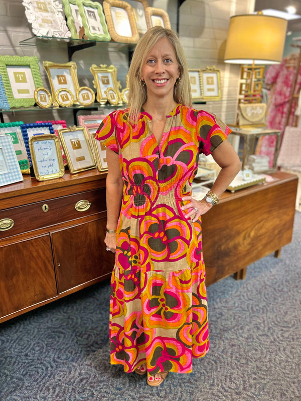 Bold Floral Midi Dress in Khaki