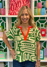 Short Sleeve Pattern V-Neck Top (Two Color Options)