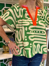 Short Sleeve Pattern V-Neck Top (Two Color Options)