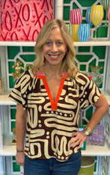 Short Sleeve Pattern V-Neck Top (Two Color Options)