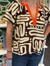 Short Sleeve Pattern V-Neck Top (Two Color Options)