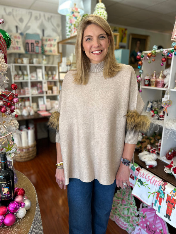 Kelli Kouri Taupe Poncho with Fur Trim