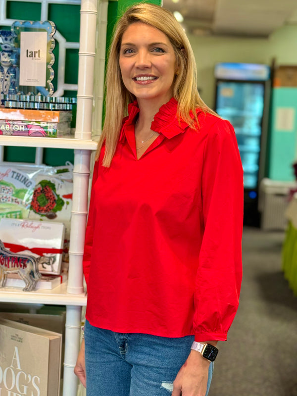 Red Poplin Ruffle Neck Top