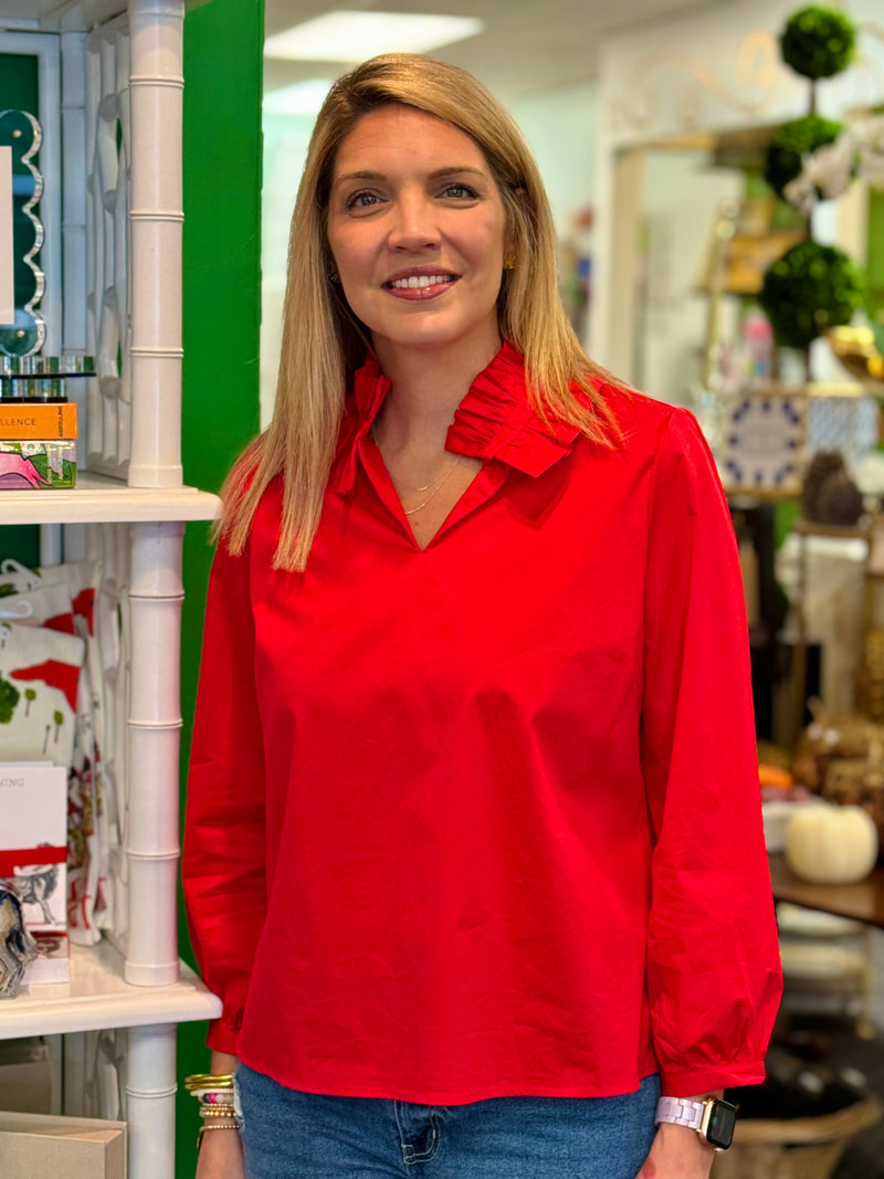 Red Poplin Ruffle Neck Top