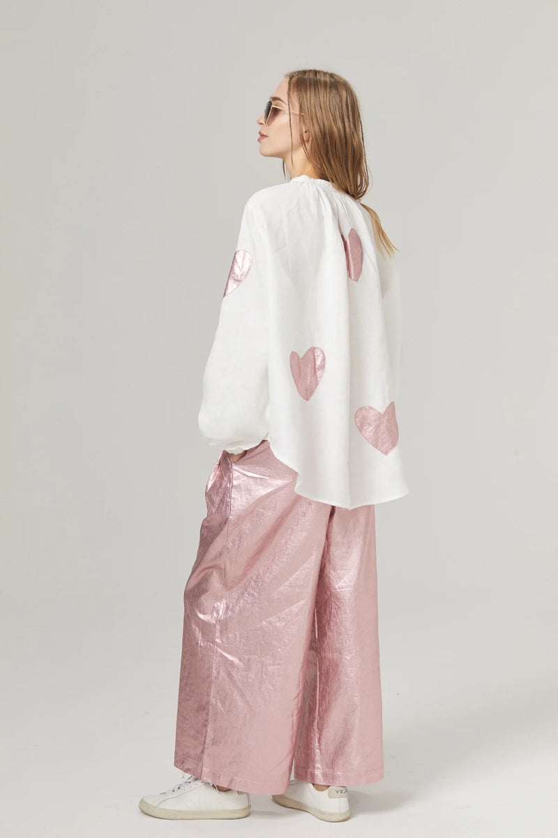 Cupid Linen Shirt in Off White with Metallic Pink Hearts