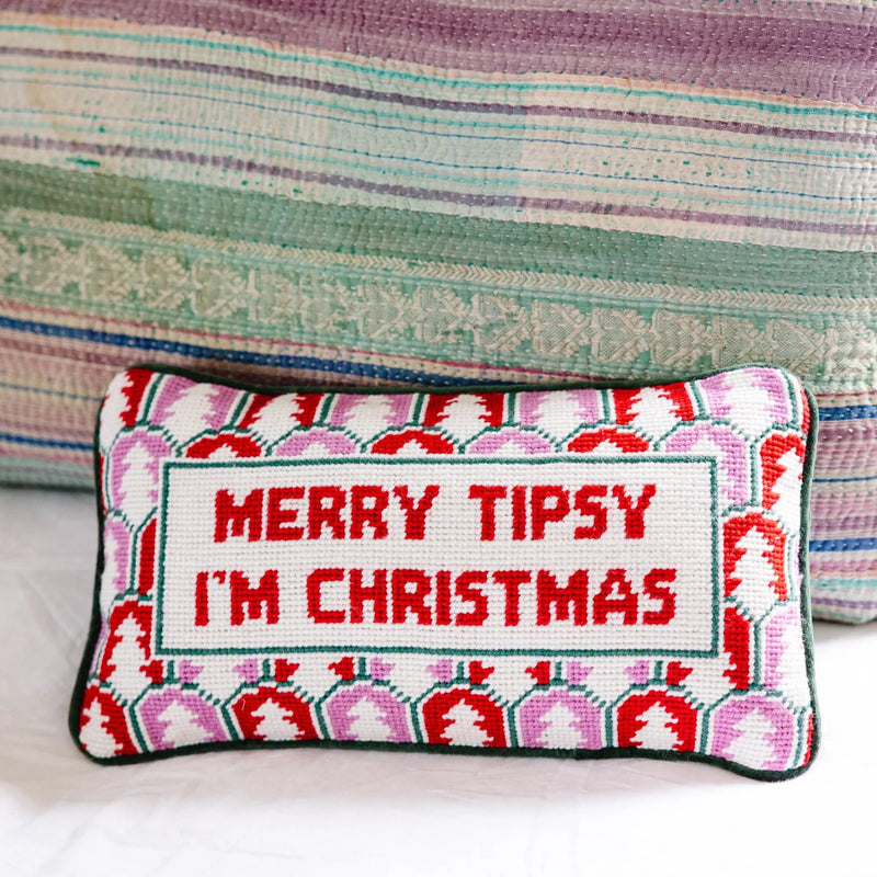 Furbish Merry Tipsy Needlepoint Pillow