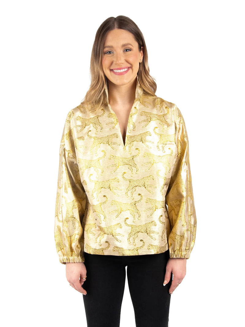 Emily McCarthy Poppy Pop Over in Gold Jaguar Jacquard