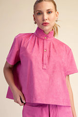 Stand Collar Short-Sleeved Suede Top in Pink
