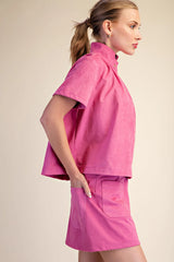 Stand Collar Short-Sleeved Suede Top in Pink