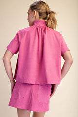 Stand Collar Short-Sleeved Suede Top in Pink