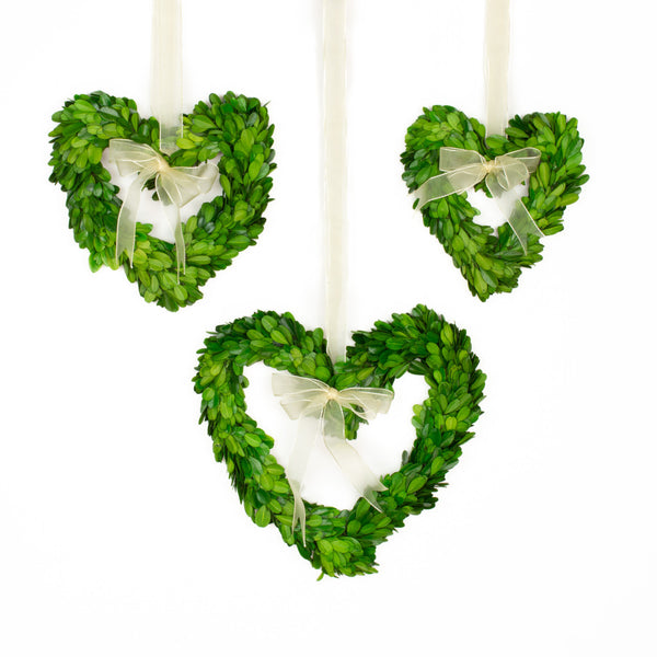 Heart Boxwood Wreaths with Ribbon (Three Size Options)