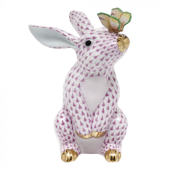 Herend Bunny With Butterfly in Raspberry