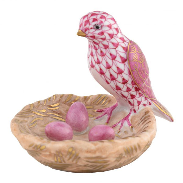 Herend Bird with nest in Raspberry