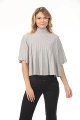 Liora Pleated Mock Neck Knit Top in Heather Gray