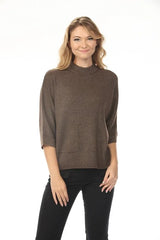 Clara Mock Neck Pocket Knit Sweater in Chocolate Brown