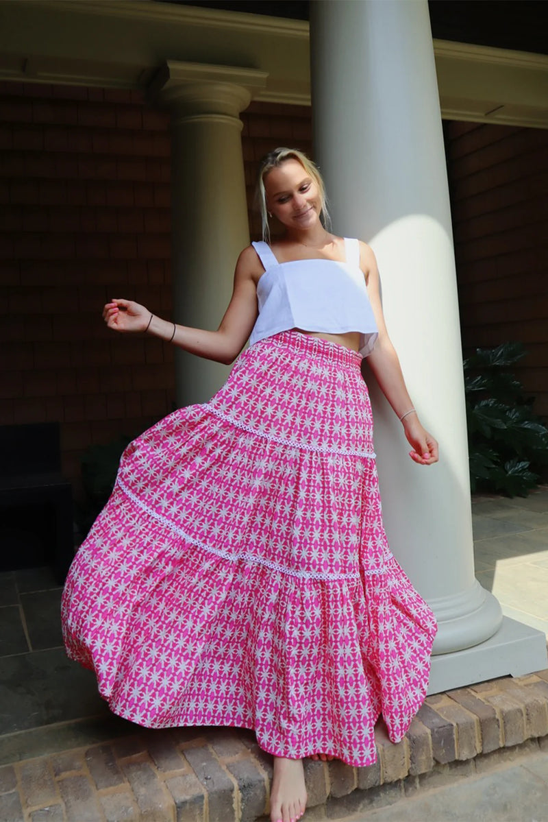 Brooks Avenue Triple Tiered Maxi Skirt in Spice Market Pink