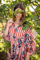 Taj Maxi Dress in Navy Flower on Red Stripe
