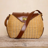Rattan Oversized Shoulder Bag with Dark Brown Leather Trim