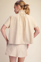 Beige Suede Stand Collar Short Sleeve Blouse