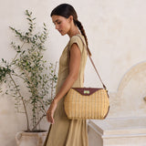 Rattan Oversized Shoulder Bag with Dark Brown Leather Trim