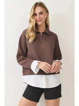 Espresso Layered Poplin Quarter Zip Sweatshirt