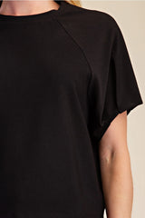 Black Round Neck Puff Short Sleeve Pullover Top