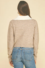 Collared Cardigan with Patch Pockets in Taupe and Ivory