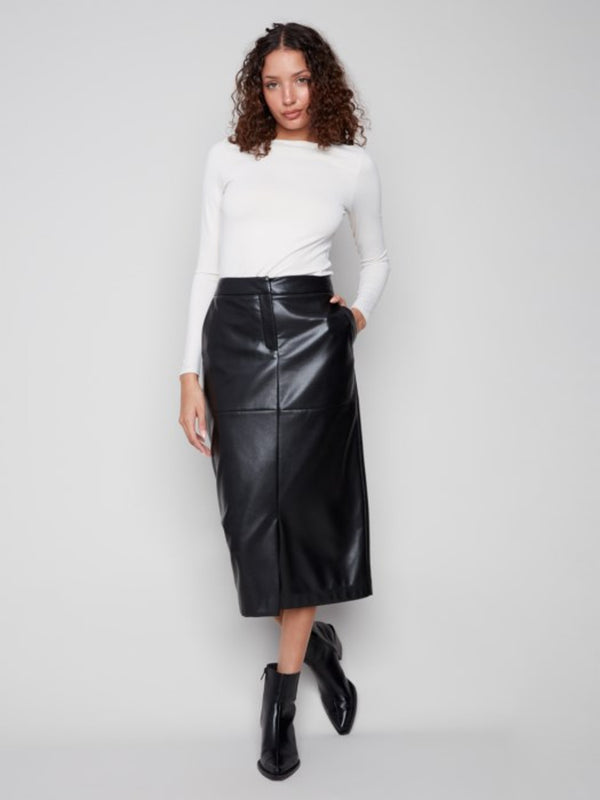Charlie B Faux Leather Midi Skirt in Black