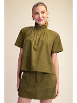 Olive Suede Stand Collar Short Sleeve Blouse