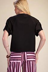 Black Round Neck Puff Short Sleeve Pullover Top
