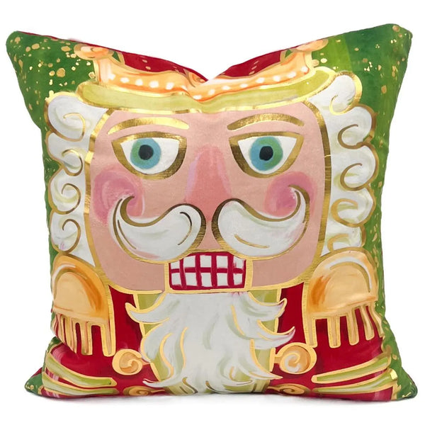 Gold Foil Mr. Nutcracker Red and Green Pillow